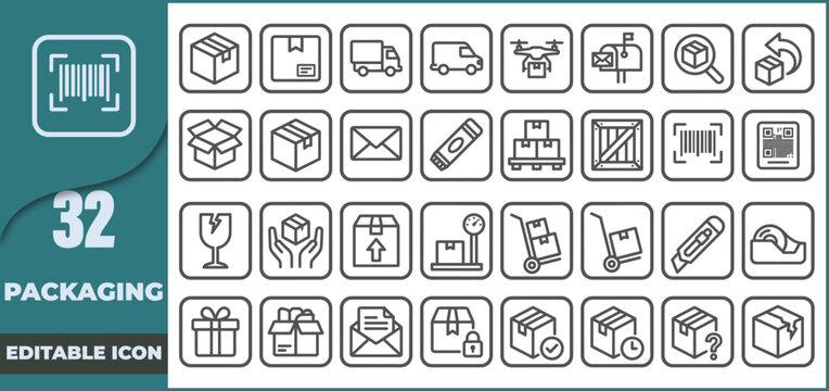 A comprehensive set of thirty two hand drawn doodle style icons representing various packaging shipping logistics and delivery concepts for modern business and commerce projects