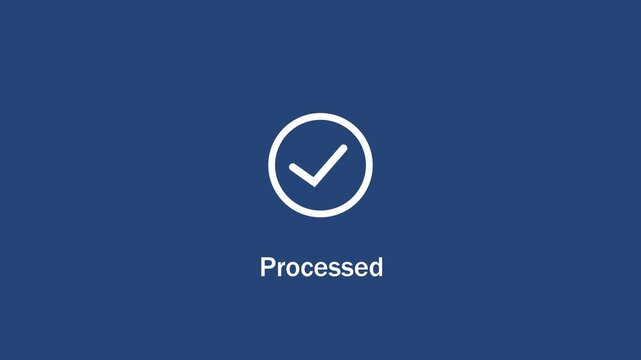 Minimalist digital loading animation transitioning to a successful processed checkmark on a solid navy blue background, for modern user, interface software development, and system completion