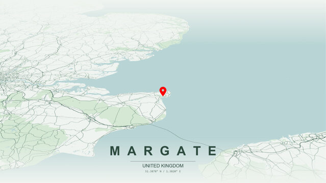 Modern minimalist vector map of Margate, Kent, England. High-quality scalable illustration of Margate geographic boundaries along North Sea coastline and Margate Harbour for posters design.