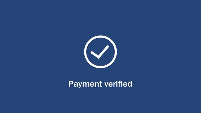 Seamless digital payment verified animation featuring a minimalist white checkmark on a solid navy blue background, for e-commerce, financial, technology, and secure, online transaction interfaces