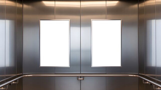 Two blank vertical posters inside a modern stainless steel elevator with handrails, mockup for advertising