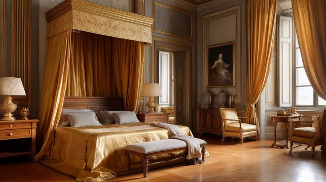 Canopy bed draped in gold fabric in grand bedroom with ornate decor