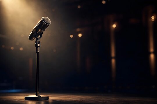 Vintage Microphone on Stand Under Stage Spotlight with Copy Space