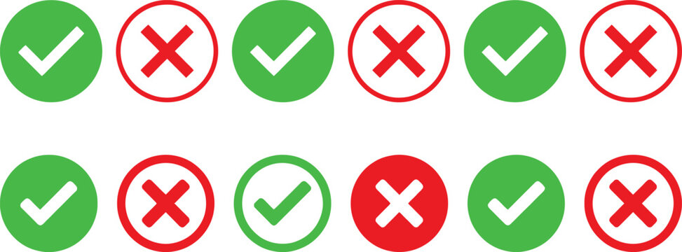 A collection of green check marks and red cross marks icons for testing and evaluation survey forms