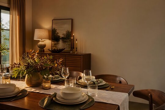 Elegant Dining Table Setting in Warmly Lit Modern Dining Room