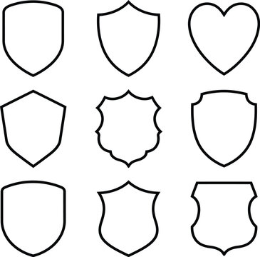 Collection of shield and heart shaped silhouettes isolated on transparent background