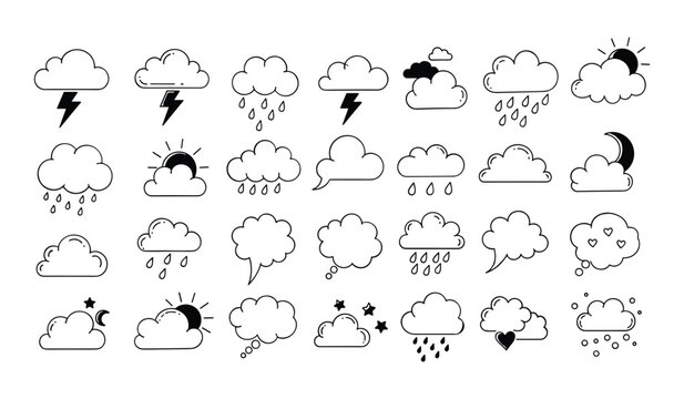 A comprehensive collection of hand drawn weather icons featuring various meteorological conditions like sun clouds rain snow lightning and wind for creative design projects