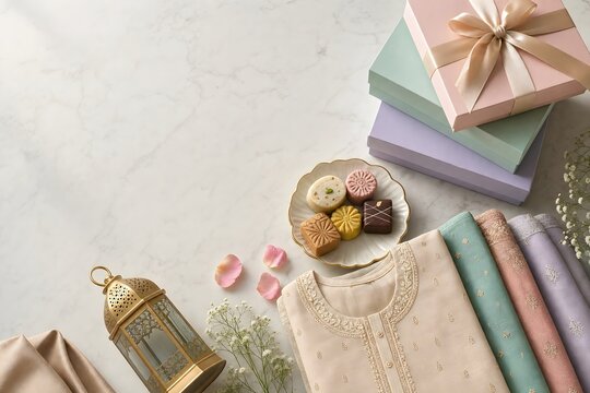 Ramadan Eid Celebration Concept with Traditional Clothes and Sweets