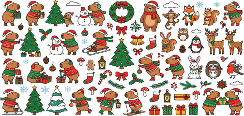 Fototapeta premium Cute Christmas capybara doodle vector set with festive animals santa hats winter sledding holiday elements