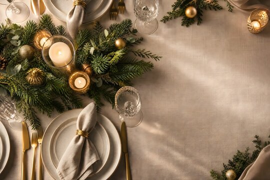 Elegant Christmas Table Setting with Evergreen Branches and Gold Accents