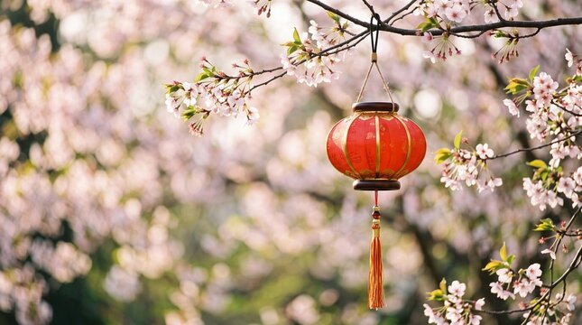 Red festival lantern hanging on tree during spring celebration. Traditional decorative lighting for cultural events and outdoor festivals.