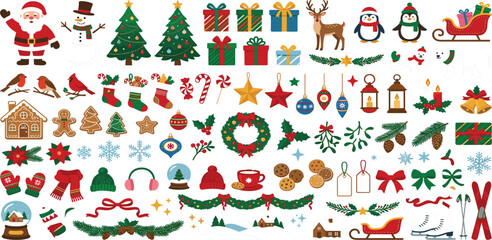 Cute Christmas doodle vector set with santa snowman gifts reindeer penguins and winter holiday elements © Hossain Studio