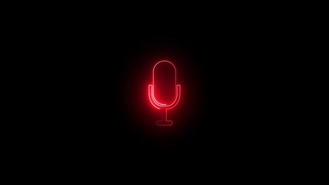 read neon glowing microphone icon on dark black background. Glowing read neon mic light sign for podcast, audio recording, radio broadcasting, sound studio, live streaming,