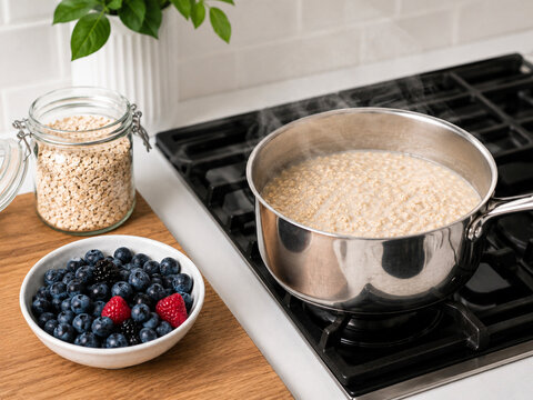 Cooking oatmeal on stove with fresh blueberries and rolled oats ingredients in modern kitchen