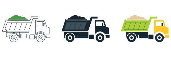 Obraz premium Garbage Truck Icons Featuring Waste Collection Vehicle, Refuse Lorry, Recycling Service, and Sanitation Symbols for Editable Vector Illustration