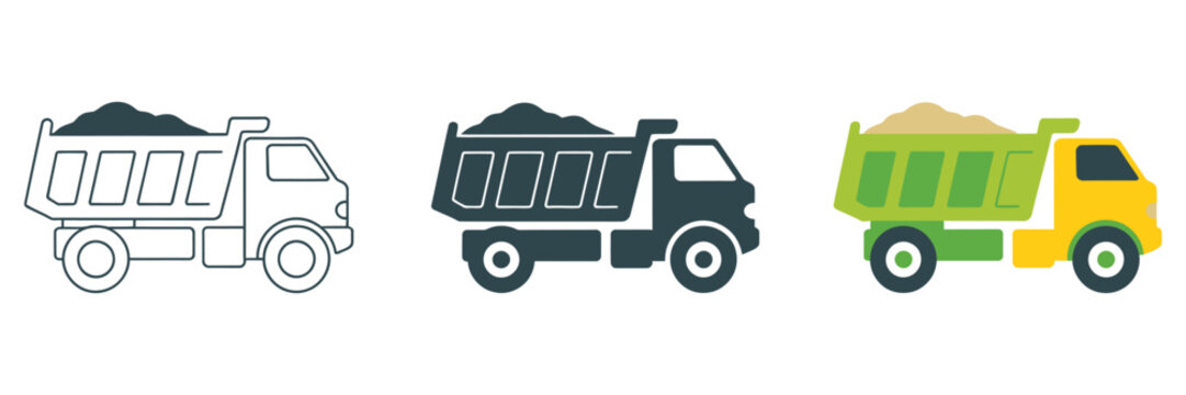 Garbage Truck Icons Showcasing Refuse Collection Vehicles for Waste Management, Recycling Services, Municipal Cleaning, and Modern Editable Vector Design