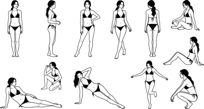 Vector set of woman in bikini showing different fashion poses for full body character design reference