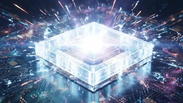 Quantum processor accelerating computation with brilliant digital energy, showcasing advanced computing technology within complex laboratory infrastructure development.