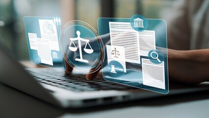 Digital Law Concept with Scales, Legal Documents, and Virtual Interface on Laptop for Legal...