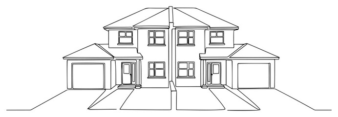 Naklejka premium Semi-detached suburban house with double garage in minimalist line art style