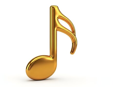 Shiny golden eighth note symbol isolated on white background for music design