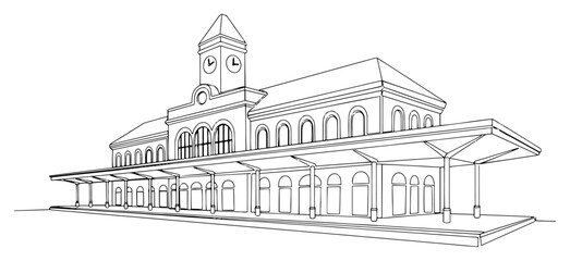 Obraz premium Classic railway station building with clock tower and platform roof in continuous line drawing style