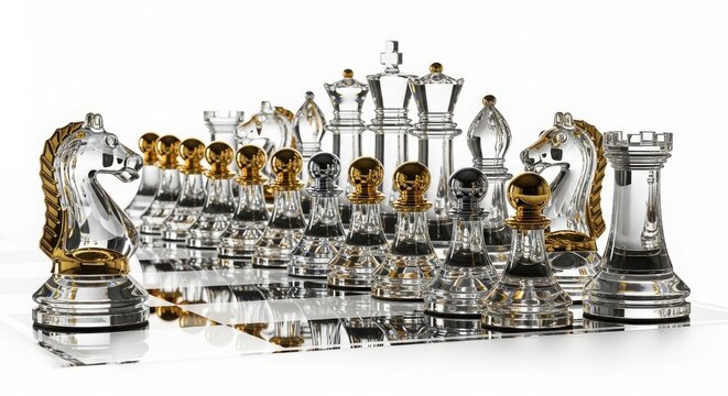 Luxury glass chess set with detailed pieces on reflective board strategy competition intellectual transparent reflective tournament checkmate tactical intelligence challenge glassware
