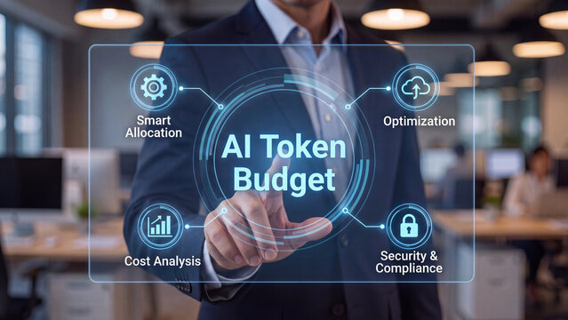 Artificial intelligence token budget concept for smart allocation cost analysis optimization and security compliance in enterprise computing governance