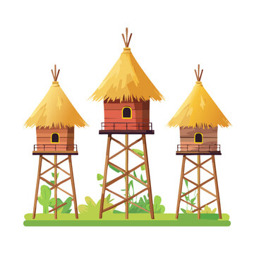 thatched wooden watchtowers set for tribal fortress defense mobile strategy video game level UI design asset