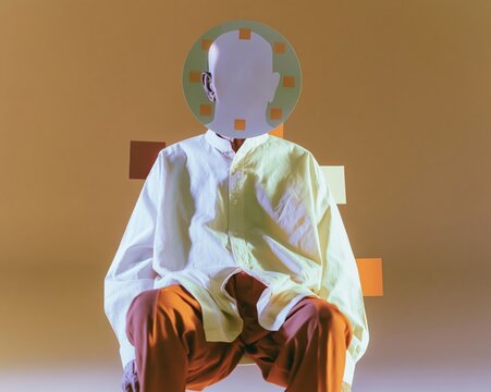 Surreal portrait of a person with a circular graphic head for editorial health and science communication on a warm gold backdrop