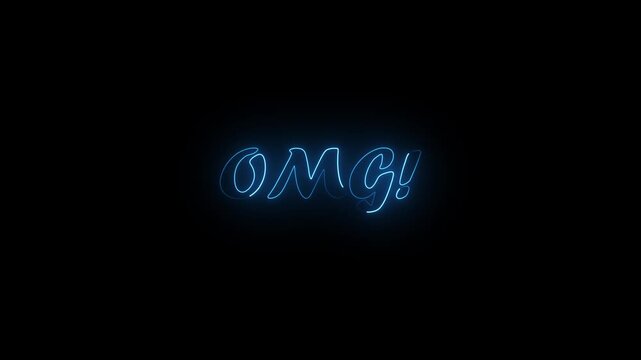 Glowing neon blue omg exclamation outline lettering title overlay black background 4k
