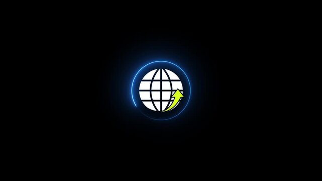 Global upload internet icon white globe neon blue circle green arrow dark background 4k