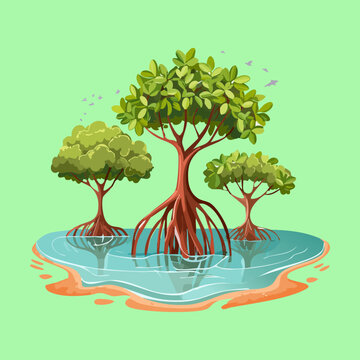 pair of lush mangrove trees with exposed root systems in water nature environment prop for adventure game UI