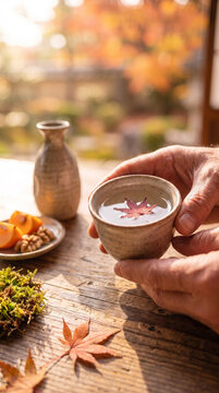Sake cup with maple leaves held in hands in an autumn forest. Traditional Japanese ochoko celebrating World Sake Day, Nihonshu culture and seasonal hospitality
