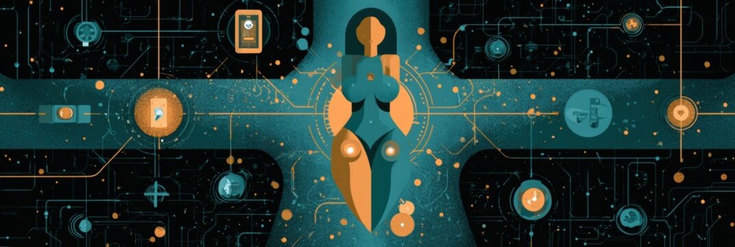 A central female figure connects to health tools in a digital network diagram showcasing the FemTech ecosystem in teal and amber.