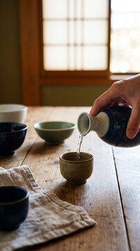 Sake pouring into cup from a ceramic bottle on a wooden table. Traditional Japanese hospitality for World Sake Day, authentic dining and Nihonshu tasting