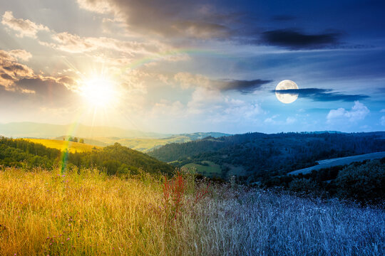 countryside mountain landscape in summer. day meet night. sun and moon over lush grassy pasture on a hill near forest. rural outdoor adventure background. alpine highland of ukraine