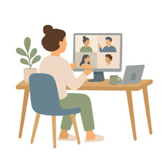 Fototapeta premium Hand-traced vector illustration of a woman with a bun seated at a wooden home office desk, joining a multi-person video call on a desktop monitor, with a laptop, coffee mug, and potted plant nearby