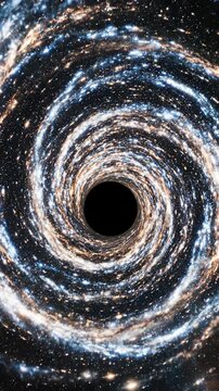Black hole, a supermassive cosmic phenomenon demonstrating immense gravitational pull, warping spacetime, featuring a swirling accretion disk of distant stars.