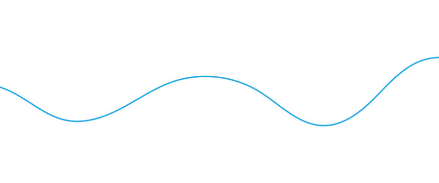 Minimalist blue wave line vector, simple curved sine wave illustration, elegant flowing water or sound frequency graphic on white background
