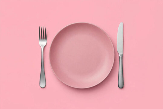 Dinner place setting. A pink plate with silver fork and knife isolated on pink background with clipping path