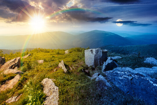 Carpathian mountain landscape on summer solstice. scenic view of Transcarpathia region from the mnt. Smooth. alpine blueberry field with rock on the Polonyna Runa hill at twilight