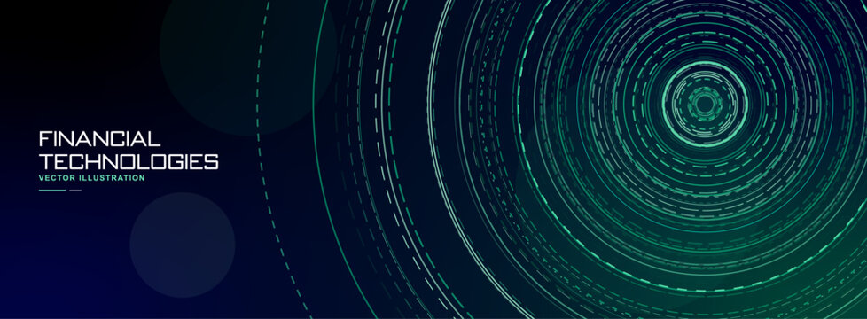 Abstract digital background featuring glowing circular data patterns and financial technology text elements perfect for modern business presentations or corporate technology themed graphic design