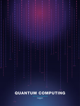 Abstract background featuring vertical falling binary code streams in shades of purple and blue representing advanced digital technology concepts and modern quantum computing systems