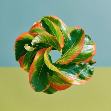 Swirling cluster of fresh green leaves with pink edges frozen in mid-air against a dual-tone backdrop for eco-friendly design and nature concepts