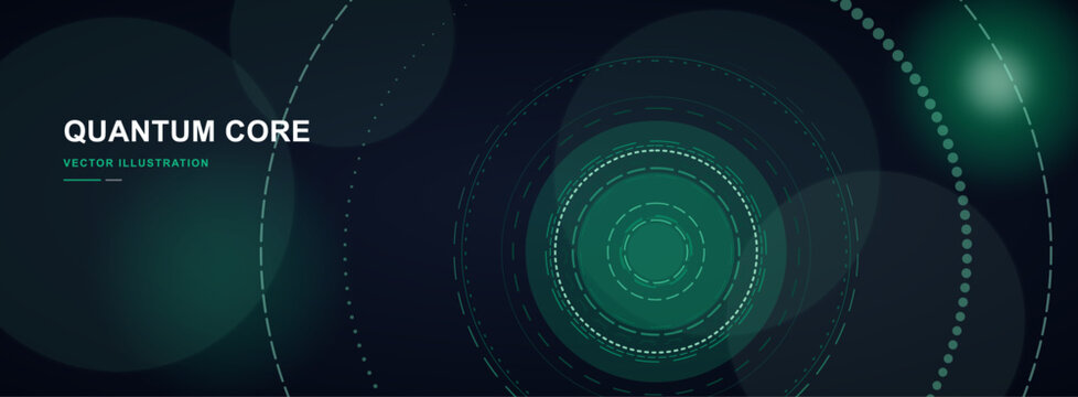 A futuristic digital background featuring a glowing green quantum core surrounded by complex circular data patterns and abstract technological elements in a dark space