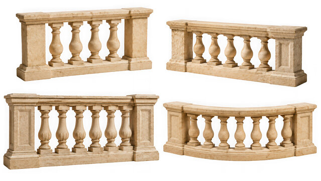 Classical stone balustrade railing architectural set isolated on transparent background