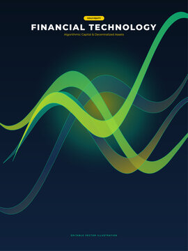 Abstract financial technology background with glowing green wave lines representing digital growth and data connectivity on a dark blue professional corporate presentation template design