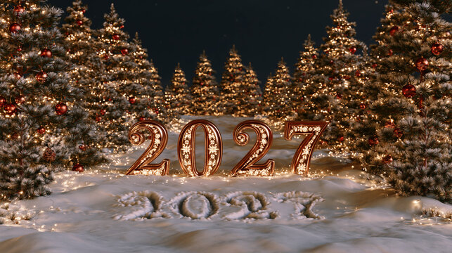 2027 New Year Celebration with Christmas Trees and Snow