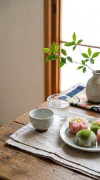 Sake with wagashi sweets and colorful mochi desserts. Elegant Japanese confectionery paired with Nihonshu for World Sake Day celebrations and traditional hospitality